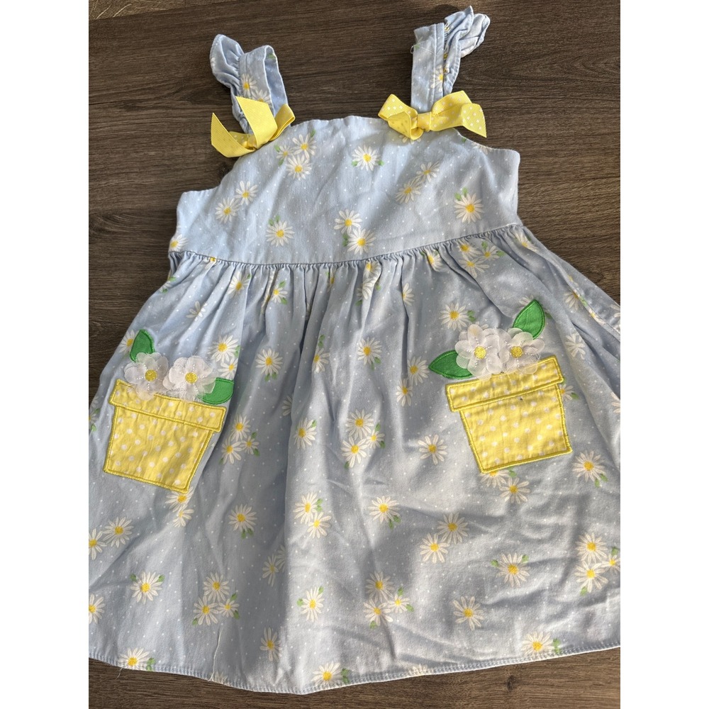 Good Lad Girls Light Blue Daisy Floral Polka Dot Sun Dress Yellow Accents 3T‎